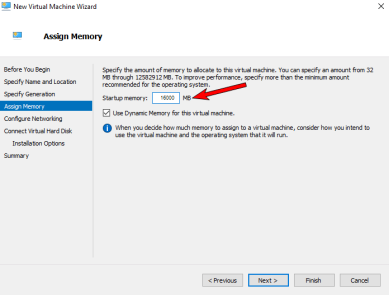 VM wizard showing the Assign Memory tab with an arrow pointing to the Startup memory box adjusted for more RAM.